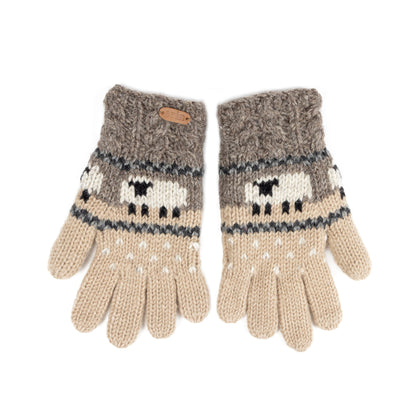 A pair of aran cable knit gloves in grey and beige with sheep design.