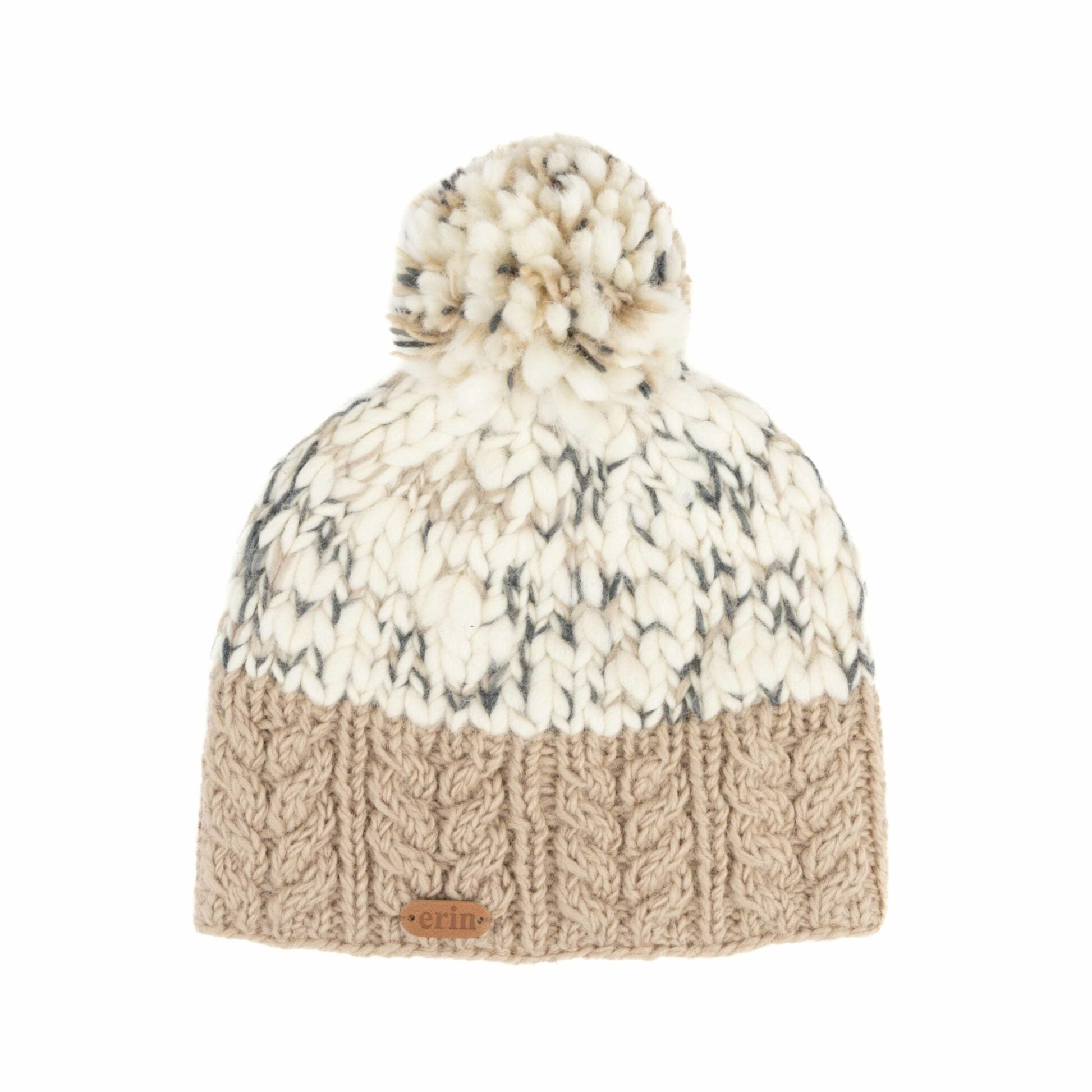 A bobble hat with a beige bottom and grey flecks throughout the top. Flecked bobble on top.