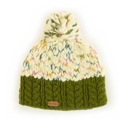 A knit hat with a green bottom and colorful flecks throughout the top. Flecked bobble on top.