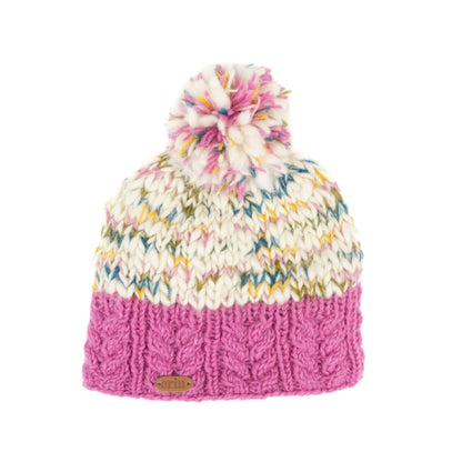 A knit hat with a pink bottom and colorful flecks throughout the top. Flecked bobble on top.