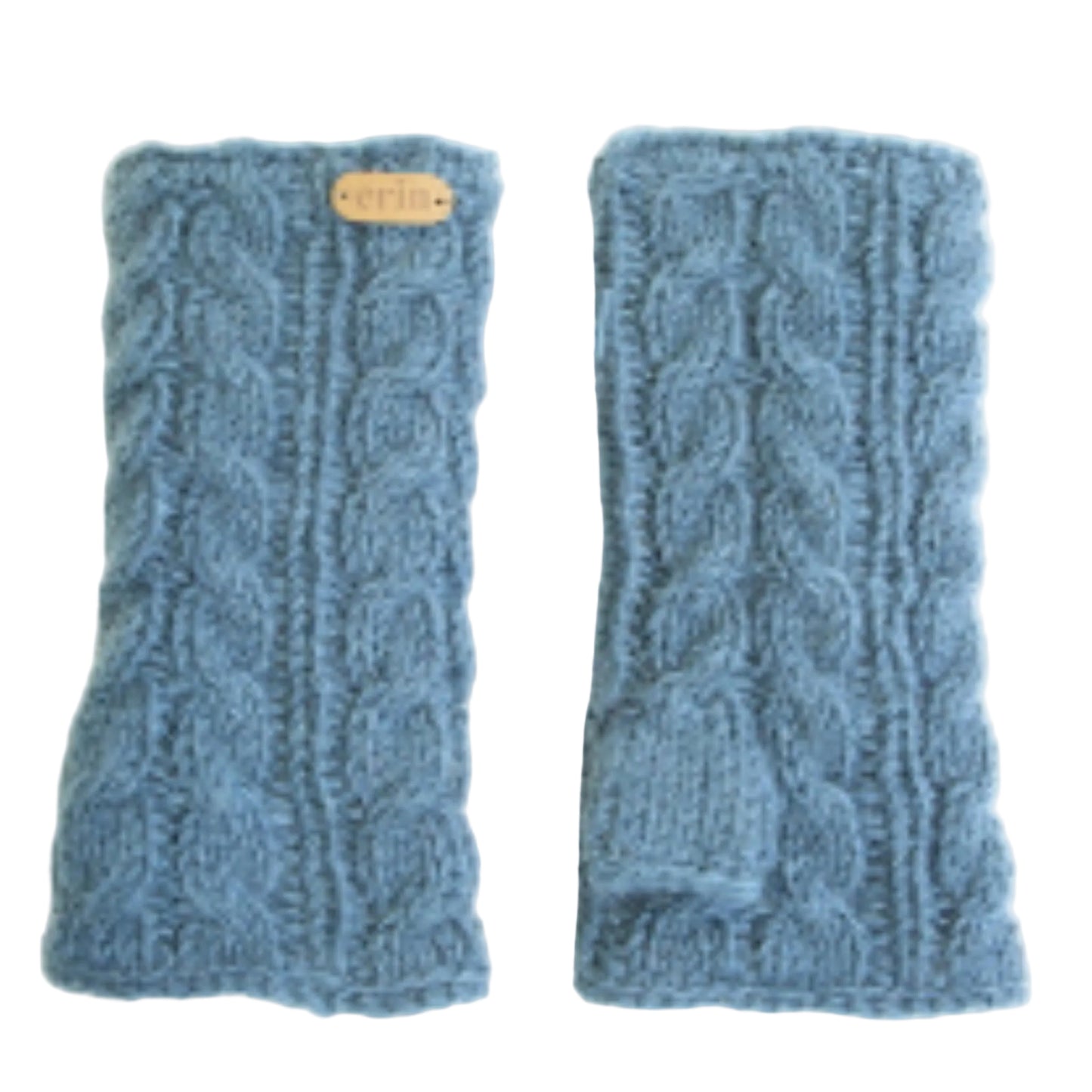 Pair of cable knit, blue hand warmers