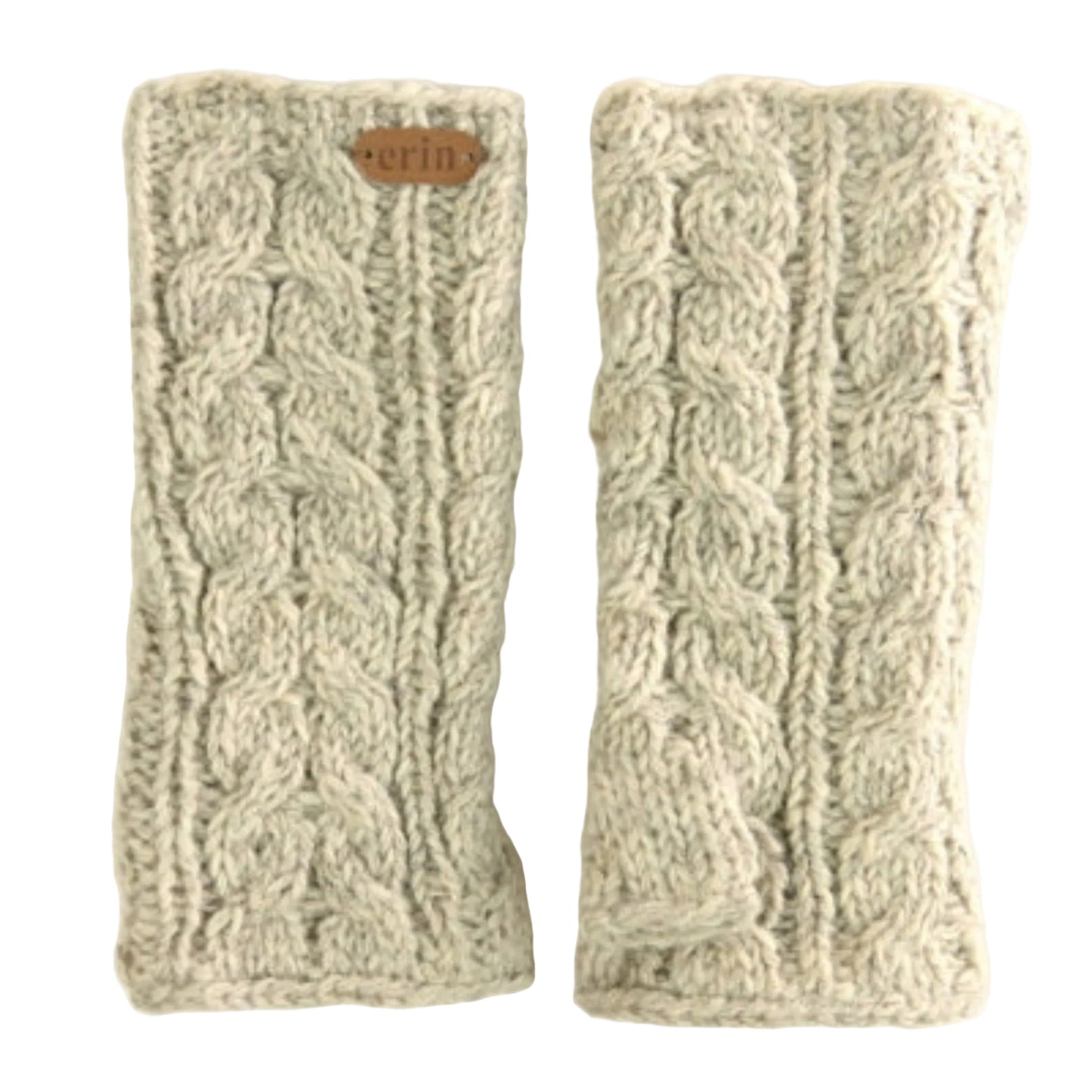 Pair of cable knit, cream-colored hand warmers