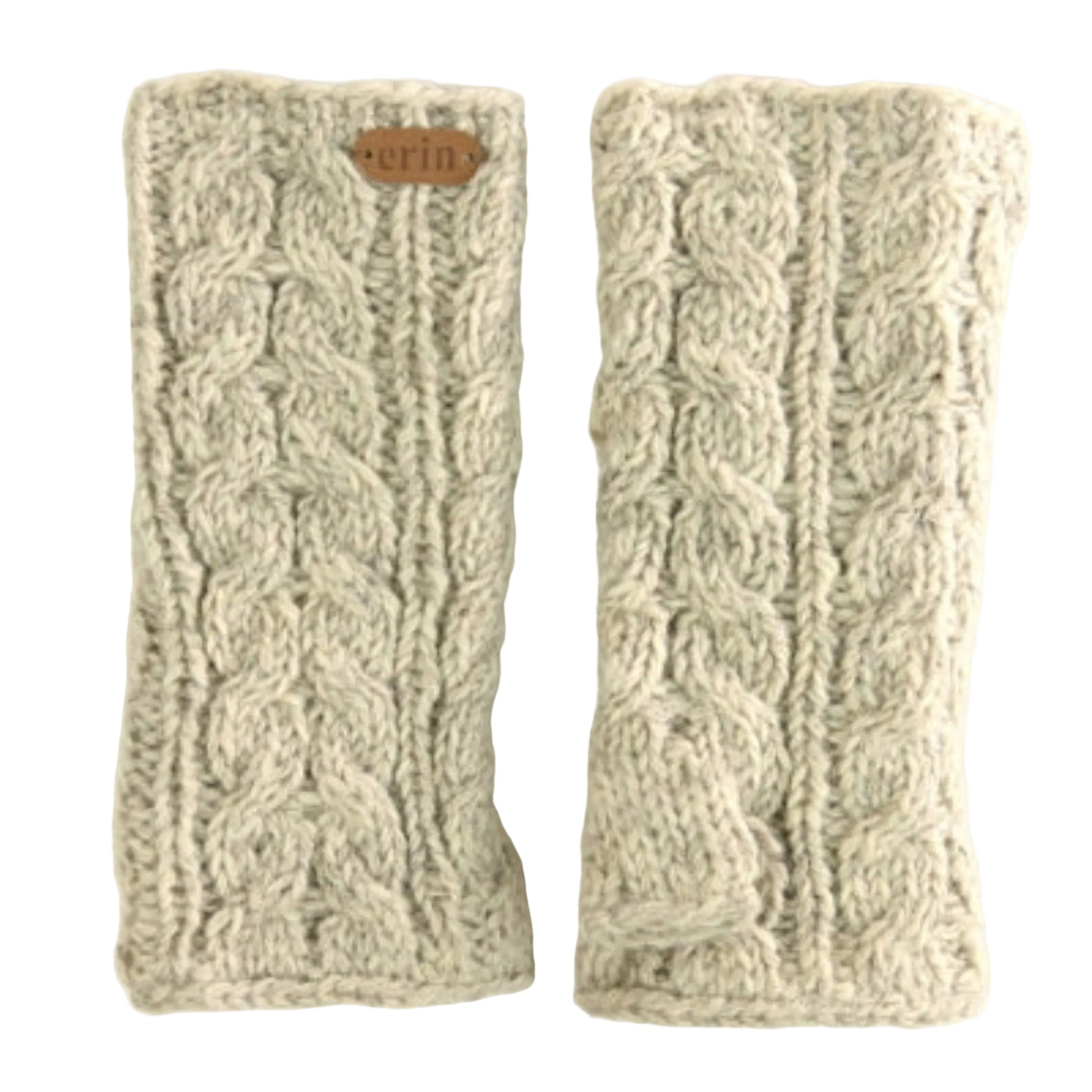 Pair of cable knit, cream-colored hand warmers