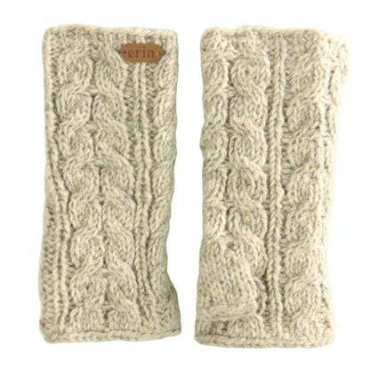 Pair of cable knit, cream-colored hand warmers