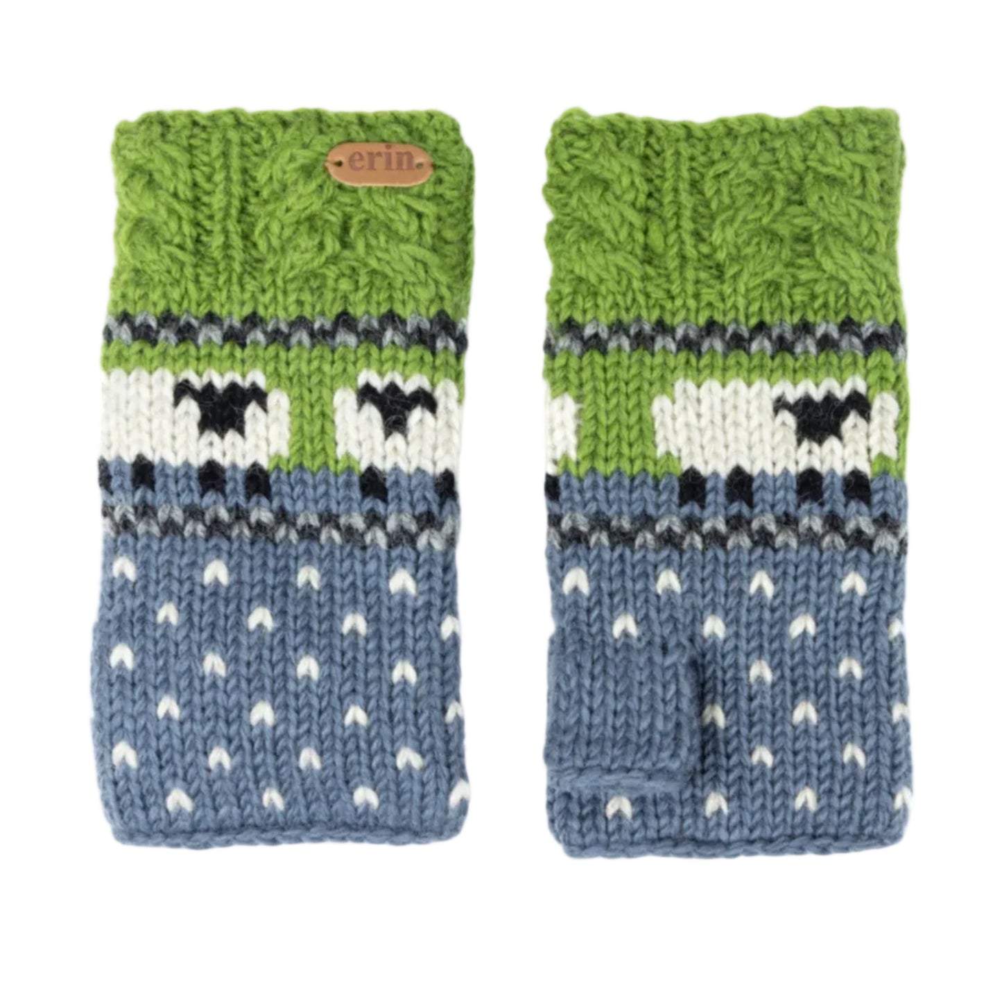A pair of knit handwarmers with green and blue design and knit sheep.