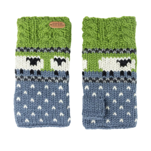 A pair of knit handwarmers with green and blue design and knit sheep.