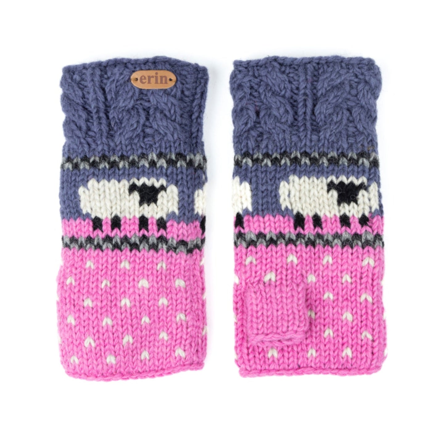 A pair of knit handwarmers with pink and blue design and knit sheep.