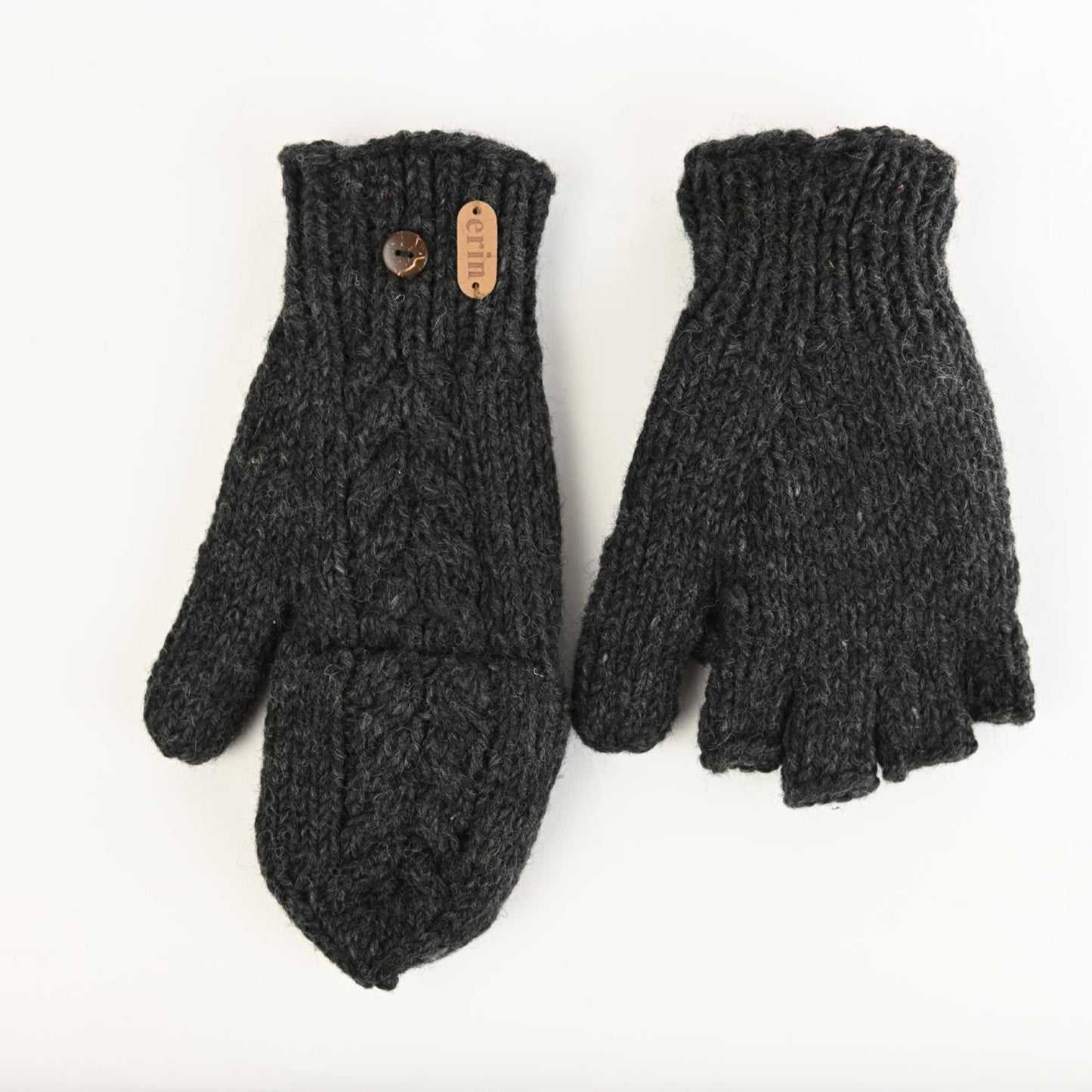 Pair of black knit mittens with buttons on the wrist. Top of one mitten is removed to reveal fingerless gloves underneath. 