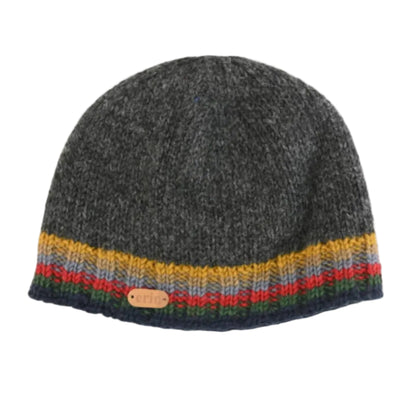 Gray knit beanie with colorful multicolored trim
