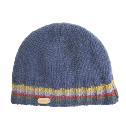 Blue knit beanie with colorful multicolor trim