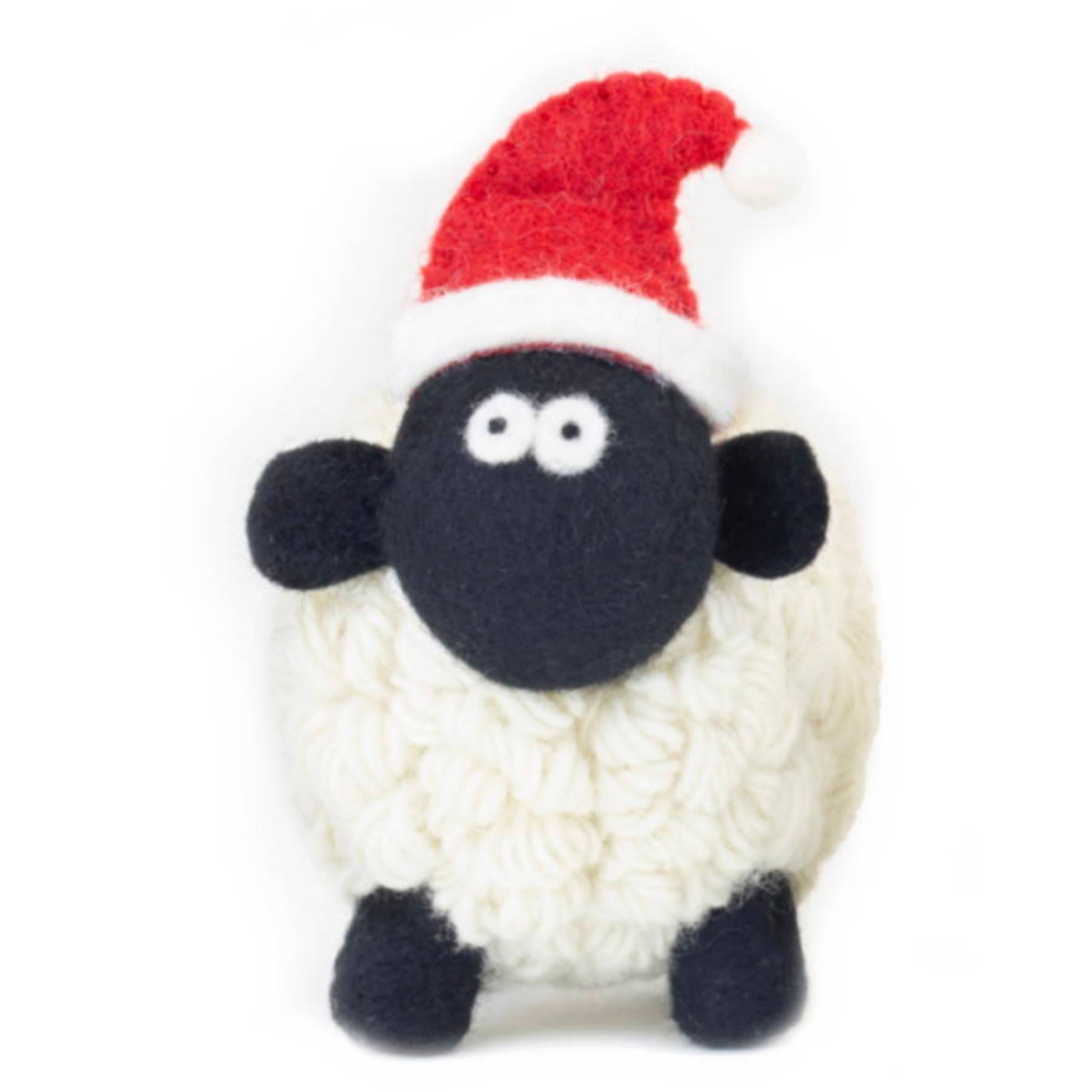 Knitted sheep figurine with felt santa hat.