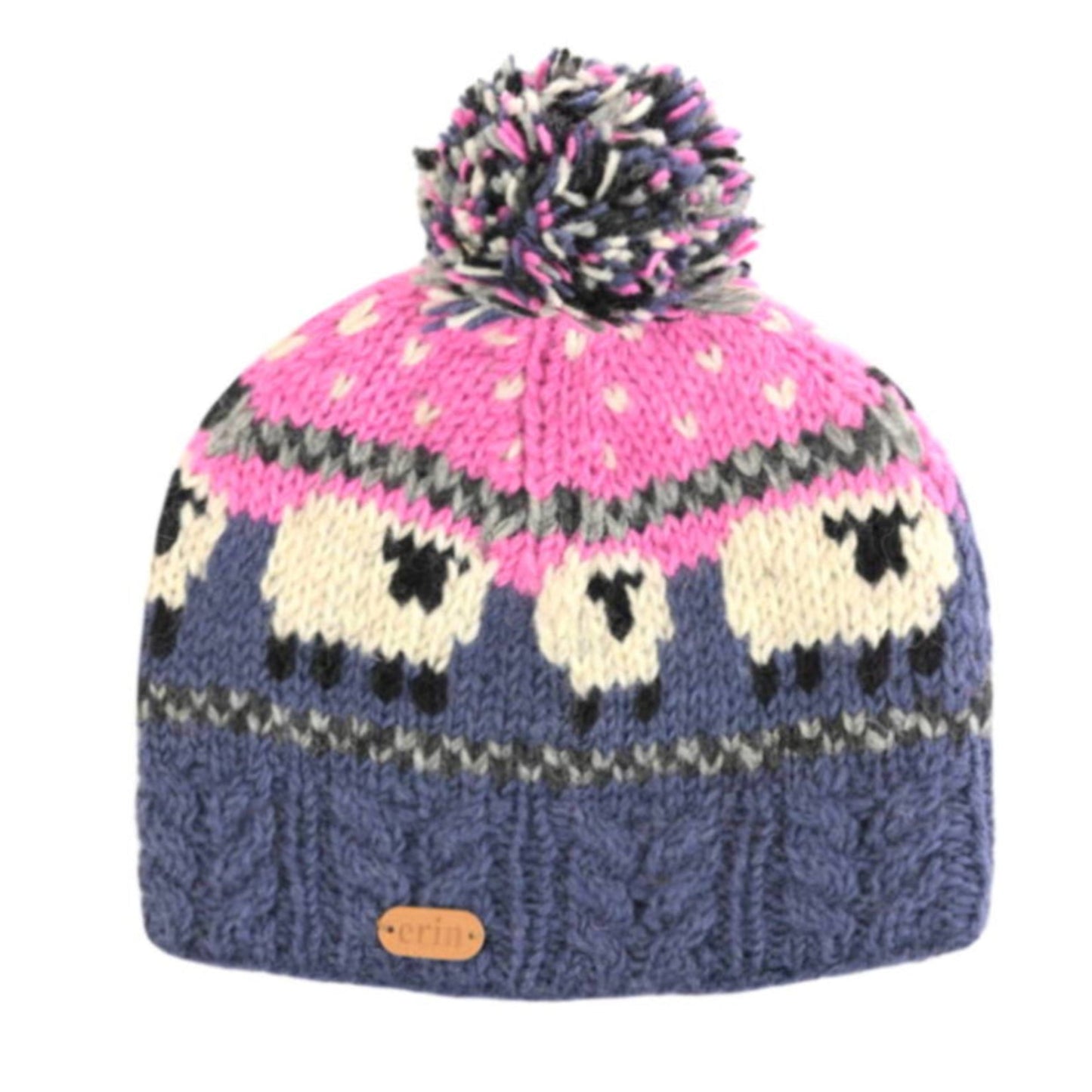 A pink, blue, and white wool bobble hat with a sheep pattern.