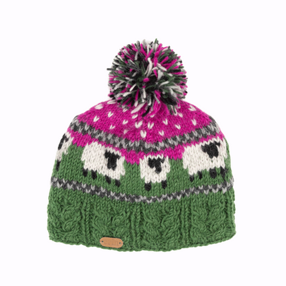 Pink, green and white wool bobble hat with sheep pattern