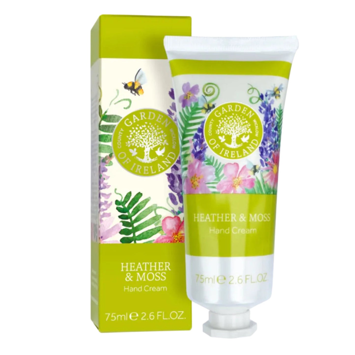 A tube of heather and moss scented hand cream next to green floral patterned packaging