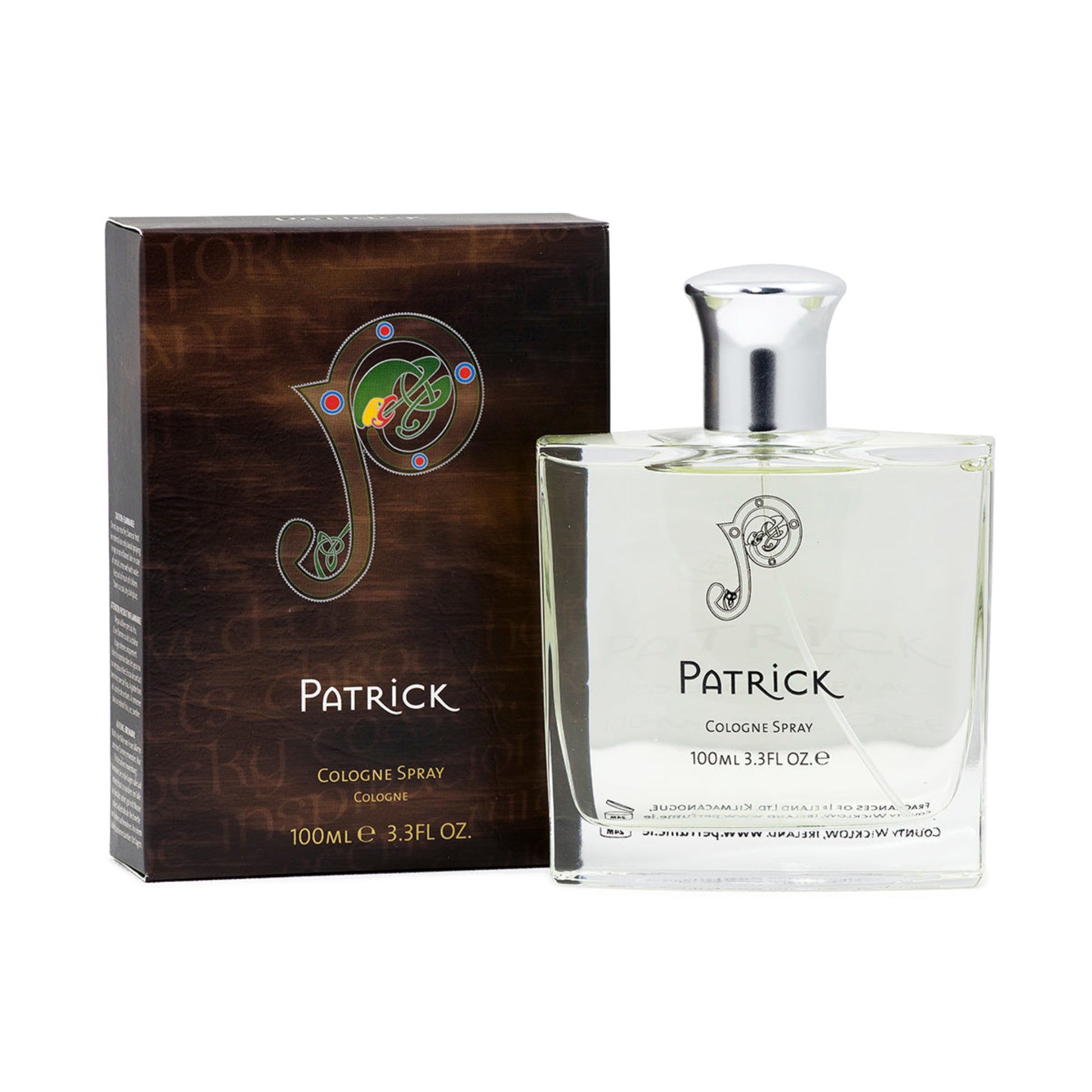 A clear, square bottle of cologne next to a brown box that says "patrick" with a large logo. 