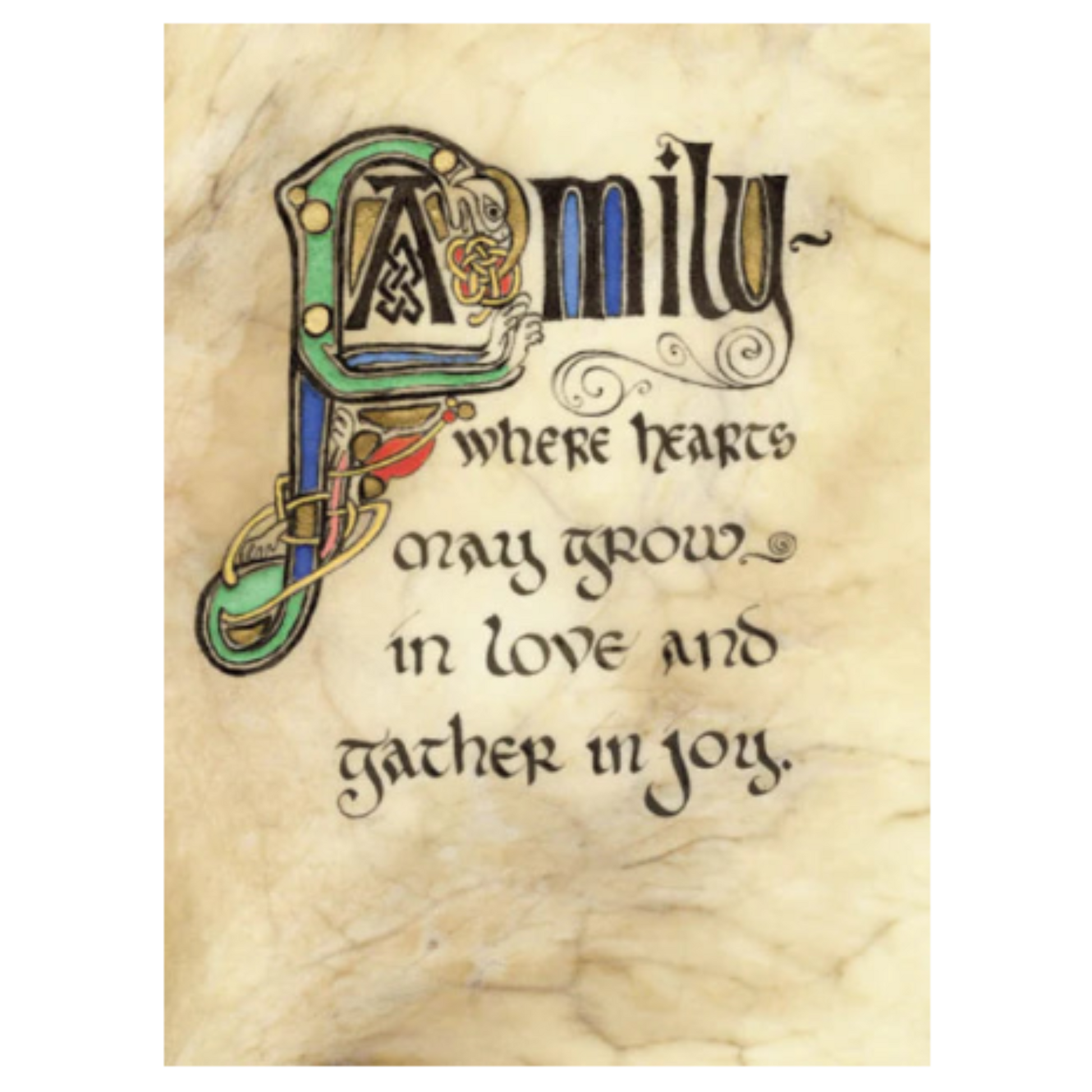 Decorative text with 'Family' and a quote on a textured beige background