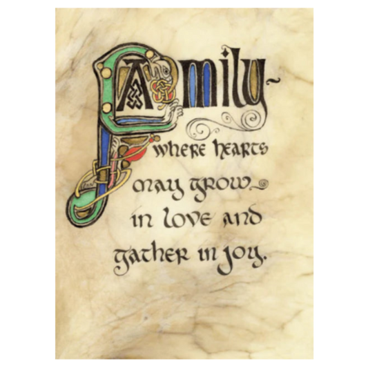 Decorative text with 'Family' and a quote on a textured beige background