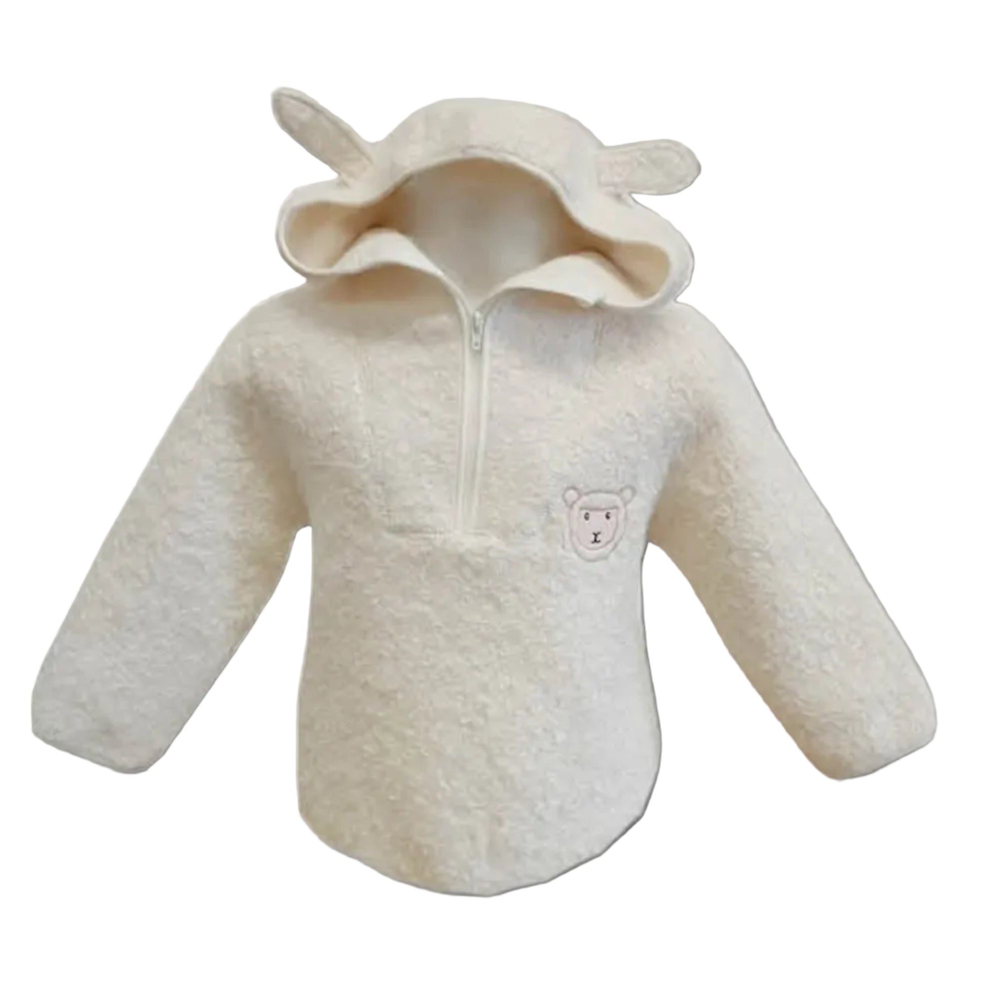 A beige fleece baby hoodie with a hood featuring ears and a face embroidery, resembling a sheep.