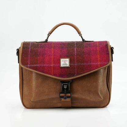 A black laptop bag with a Harris Tweed lid and PU body, featuring an adjustable and detachable strap.