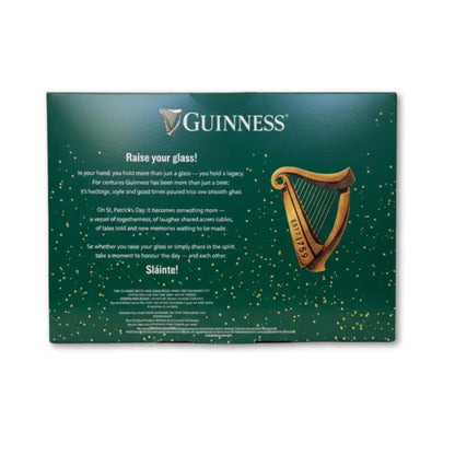 Guinness St. Patrick's Day packaging with harp logo and text on a green background