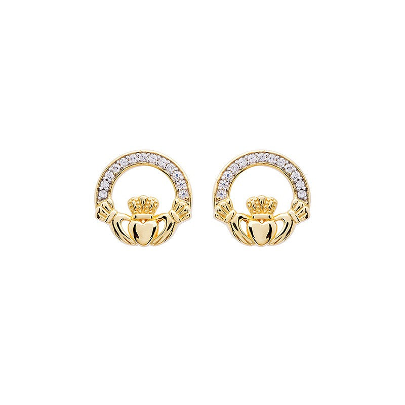 14KT Gold Vermeil Stud Claddagh Earrings Adorned with White Cubic Zirconias