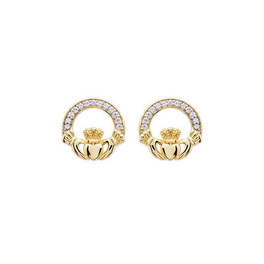 14KT Gold Vermeil Stud Claddagh Earrings Adorned with White Cubic Zirconias