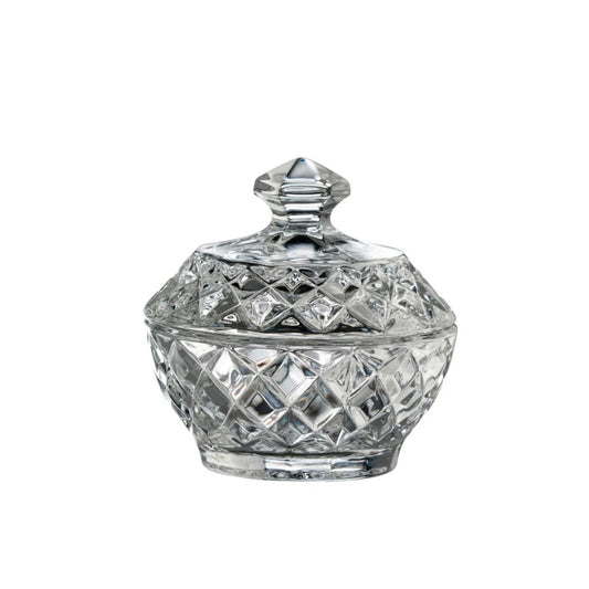 Crystal round trinket box with geometric cuts.