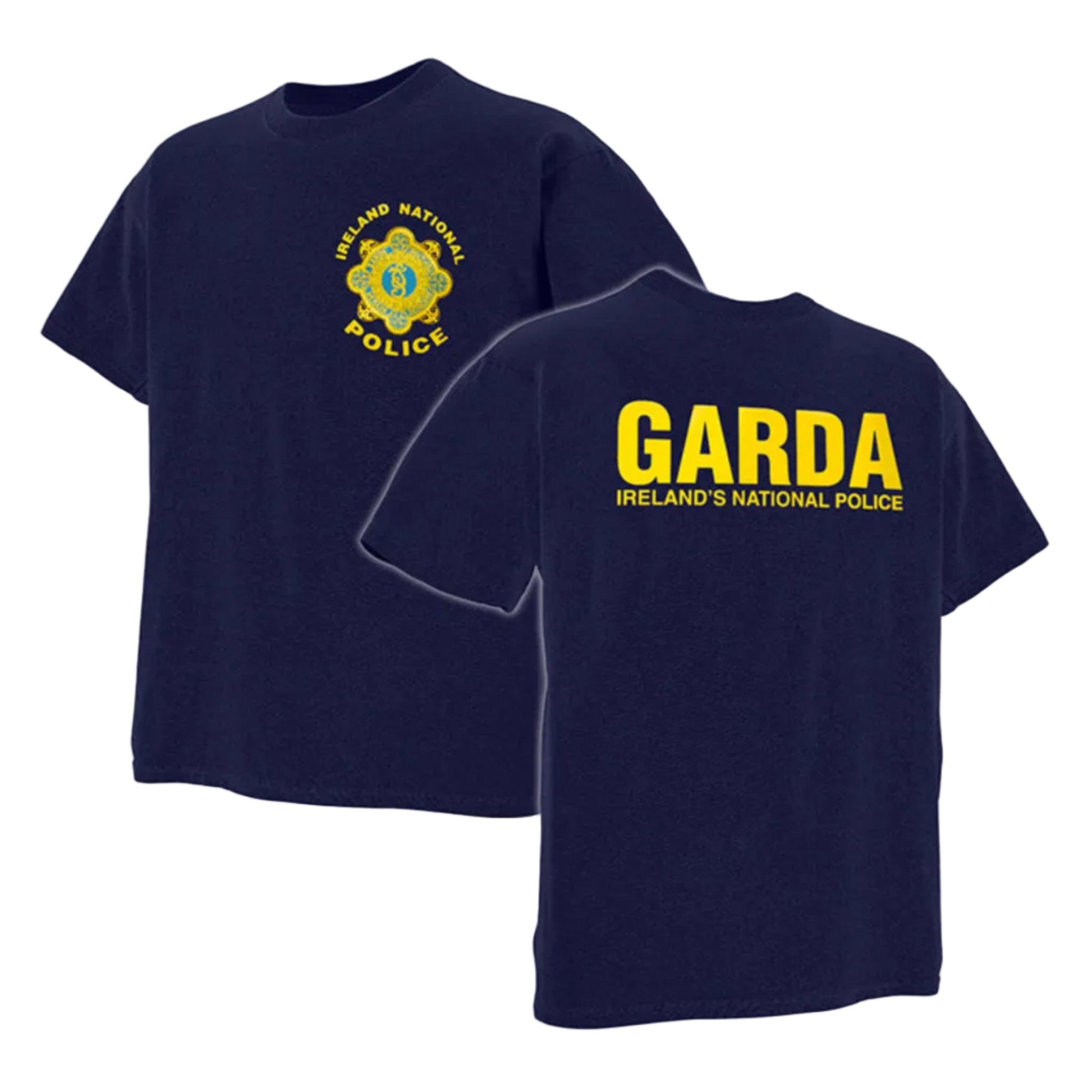 Navy blue t-shirt with 'Garda Ireland's National Police' text and logo on a white background