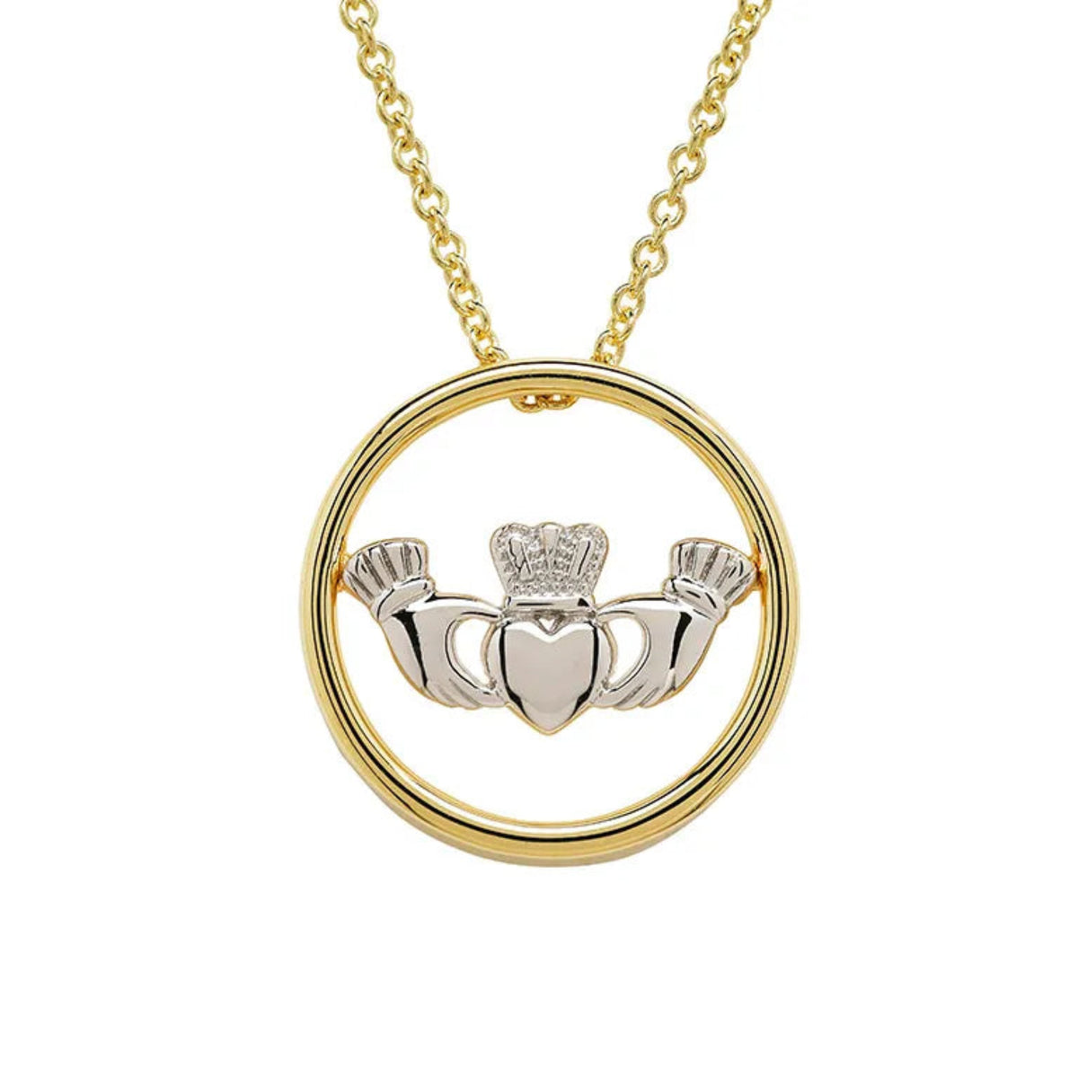 Gold necklace with a Claddagh pendant on a white background