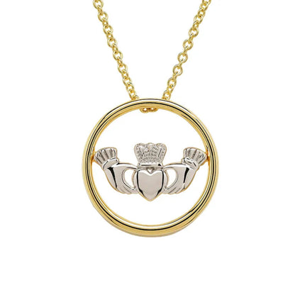 Gold necklace with a Claddagh pendant on a white background