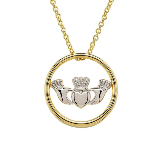Gold necklace with a Claddagh pendant on a white background