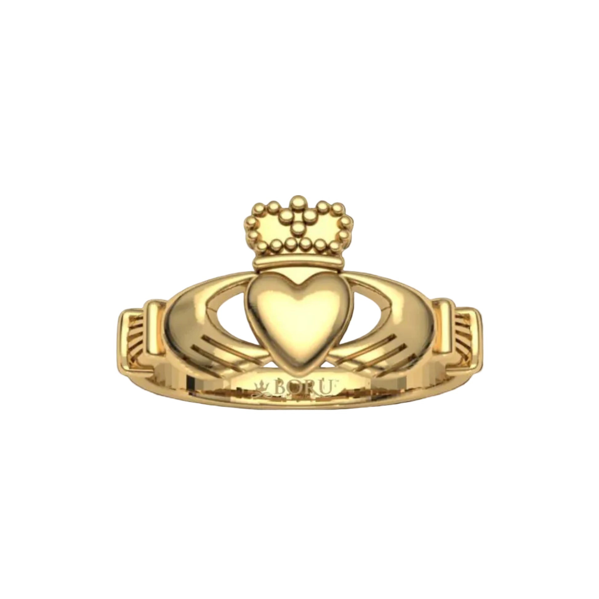 Gold Claddagh ring with a heart and crown on a white background