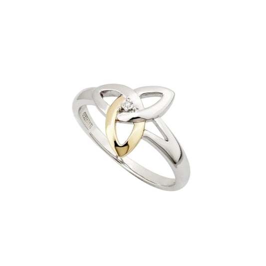 Two-tone ring with a diamond on a white background