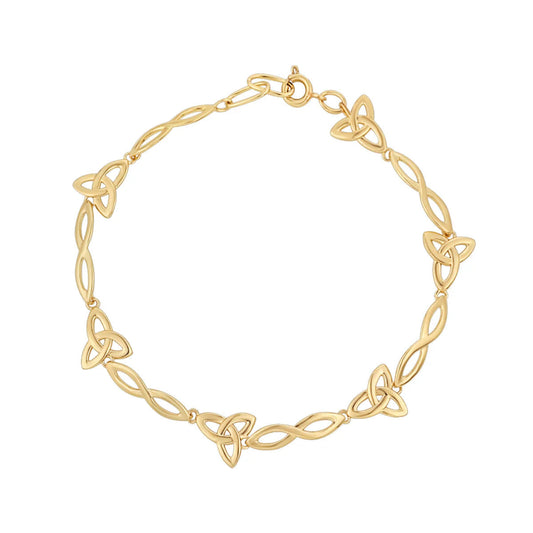 Gold bracelet with intricate Celtic Trinity design on a white background