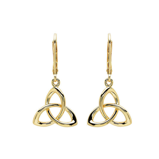 Gold Trinity knot earrings on a white background