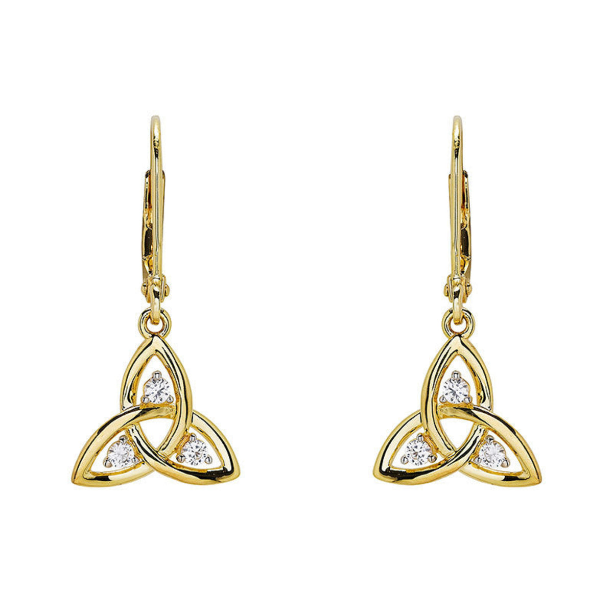 Gold Trinity knot earrings with clear gemstones on a white background