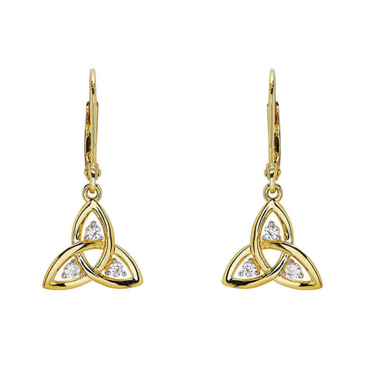 Gold Trinity knot earrings with clear gemstones on a white background