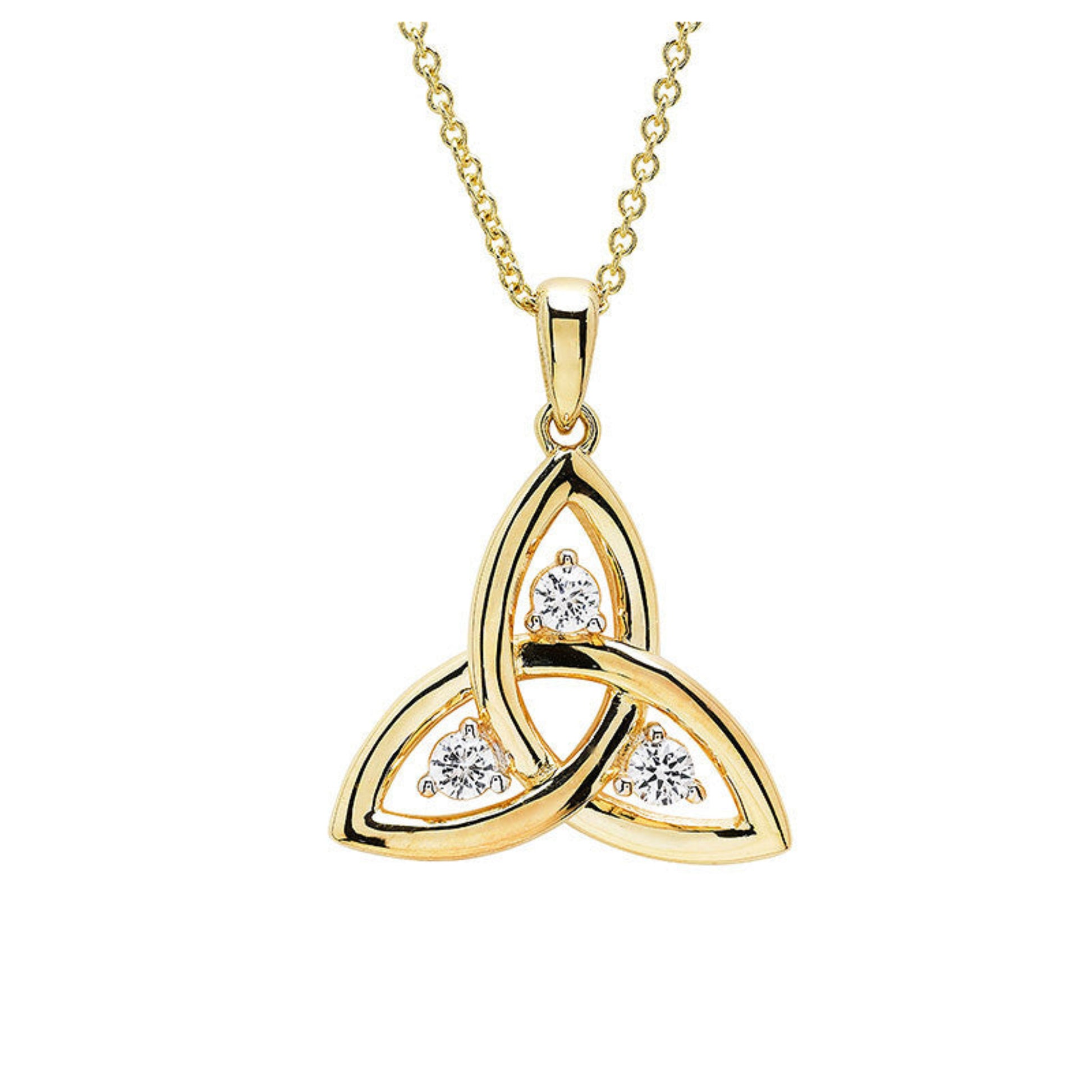 Gold Trinity knot pendant with diamonds on a white background