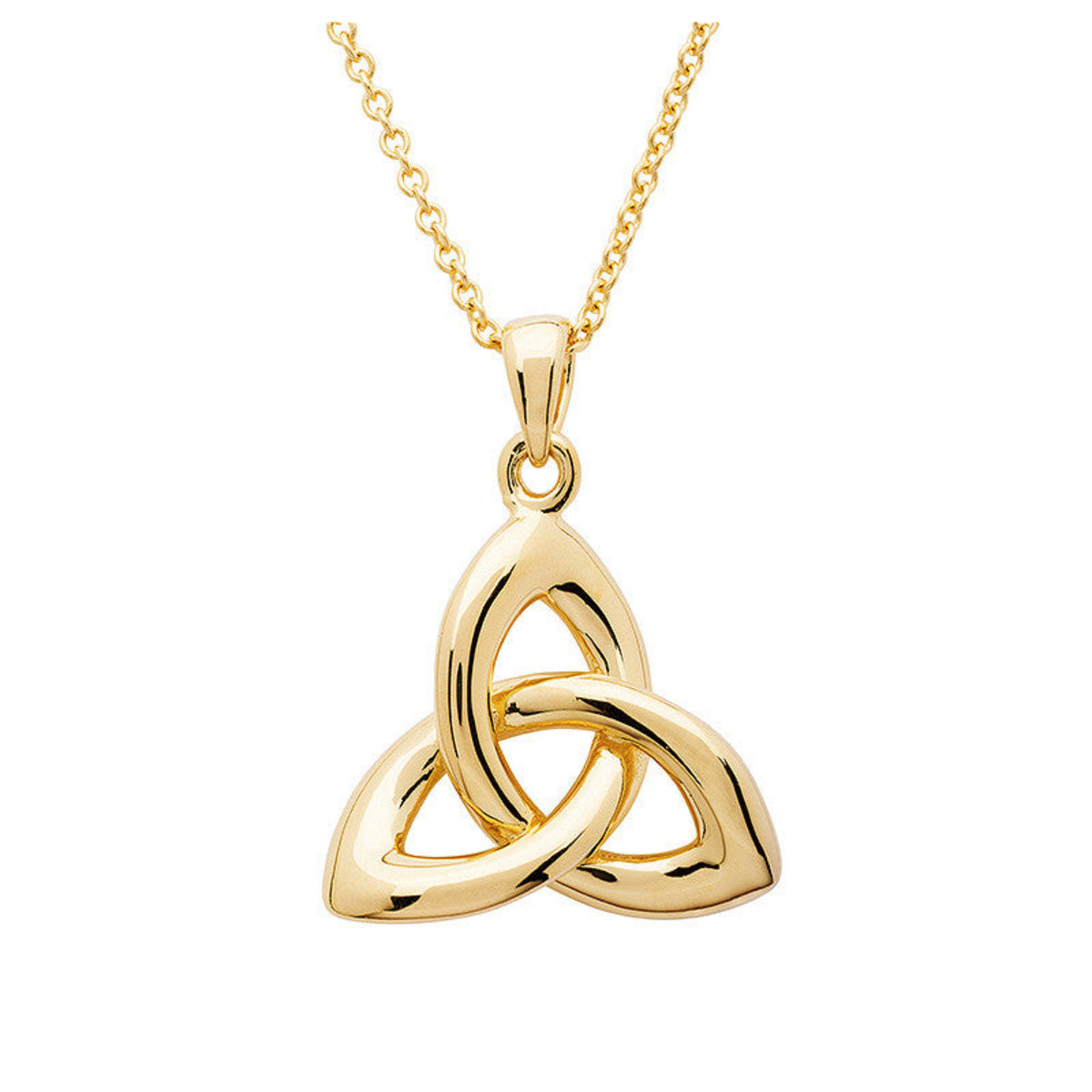 Gold Trinity knot pendant on a chain against a white background