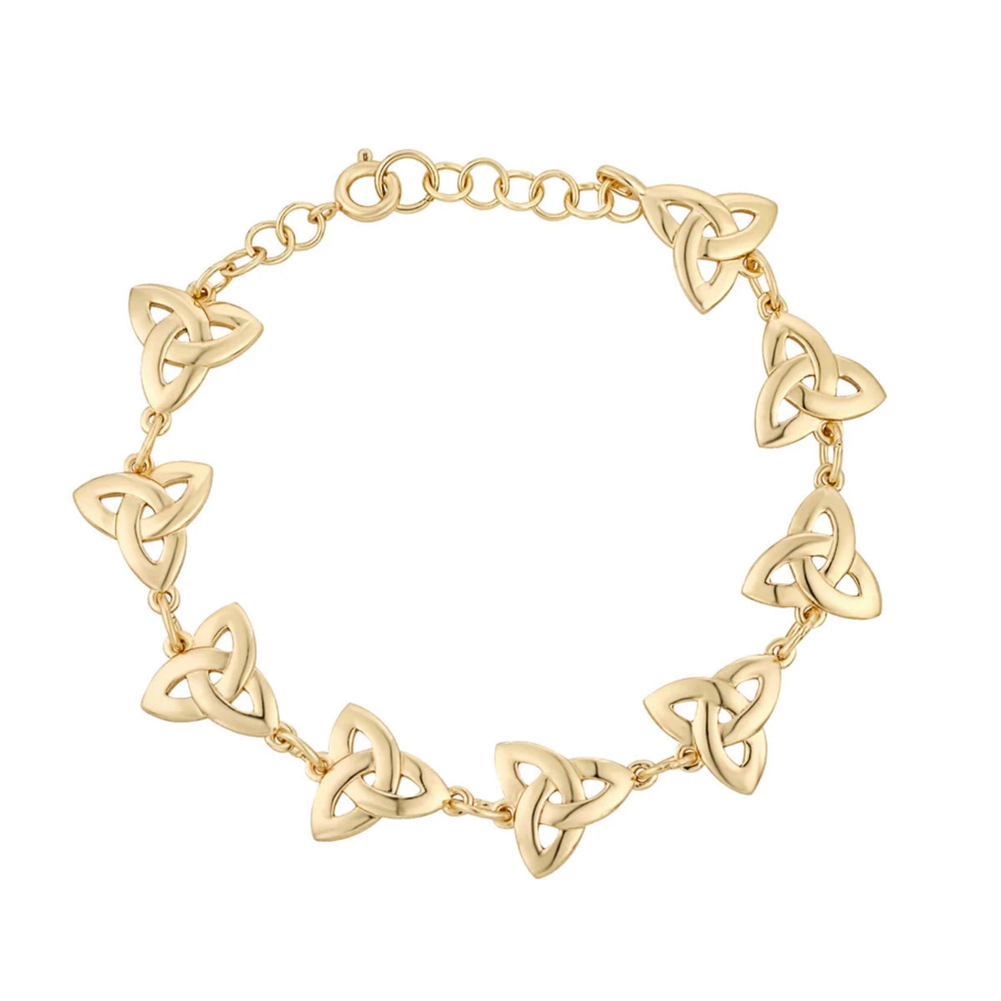 Gold bracelet with Celtic knot design on a white background