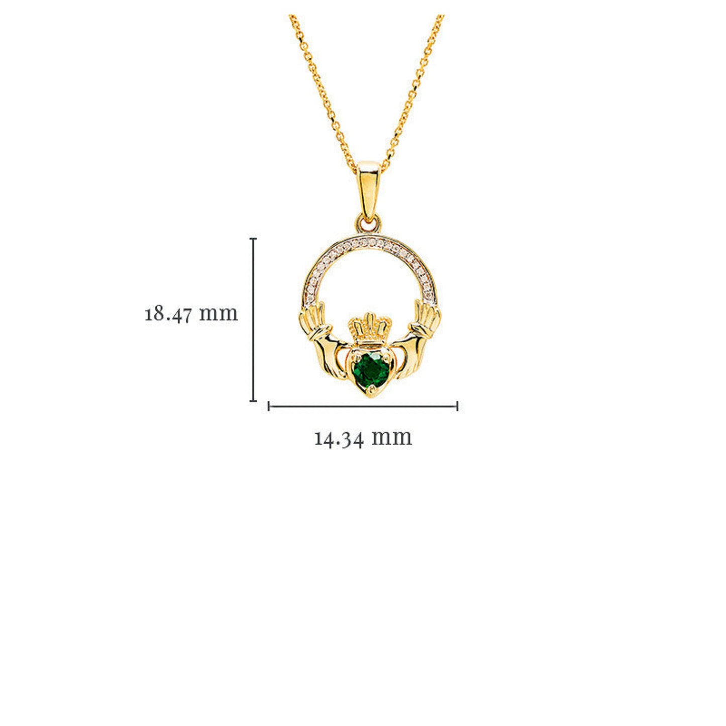 Gold claddagh measuring 18.47 millimeters high and 14.34 millimeters wide.