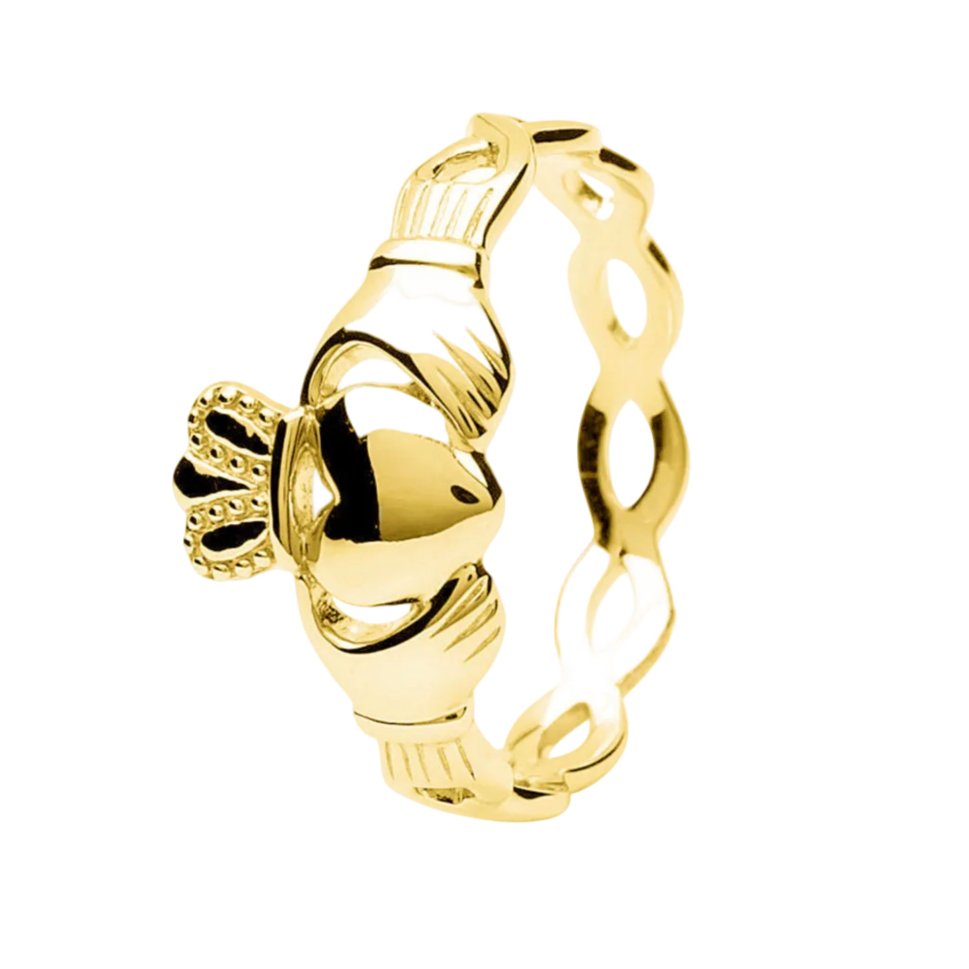 A 14kt gold vermeil Claddagh ring with a double spiral band and a centered crowned heart symbol
