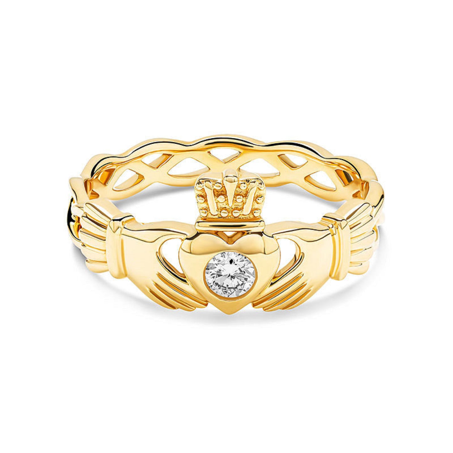 Gold claddagh ring with twisting band and a white diamond center on a white background.