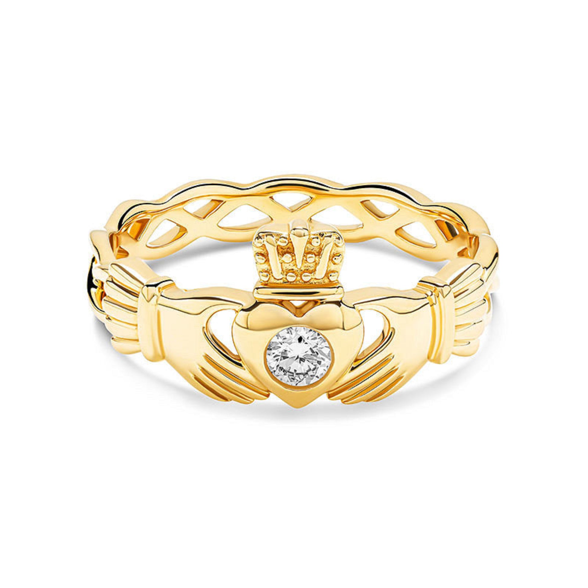 Gold claddagh ring with twisting band and a white diamond center on a white background.