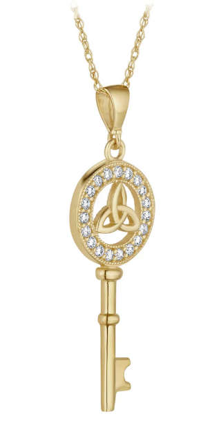 A 10K gold necklace with a key-shaped pendant featuring a trinity knot design and encircled by cubic zirconia stones, displayed against a white background.