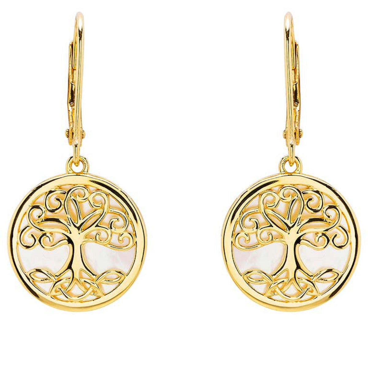 Gold earrings with tree of life design on a white background