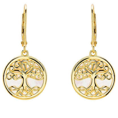 Gold earrings with tree of life design on a white background
