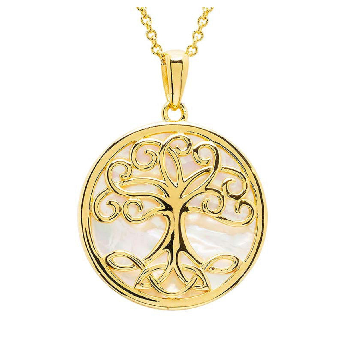 Gold tree of life pendant on a white background
