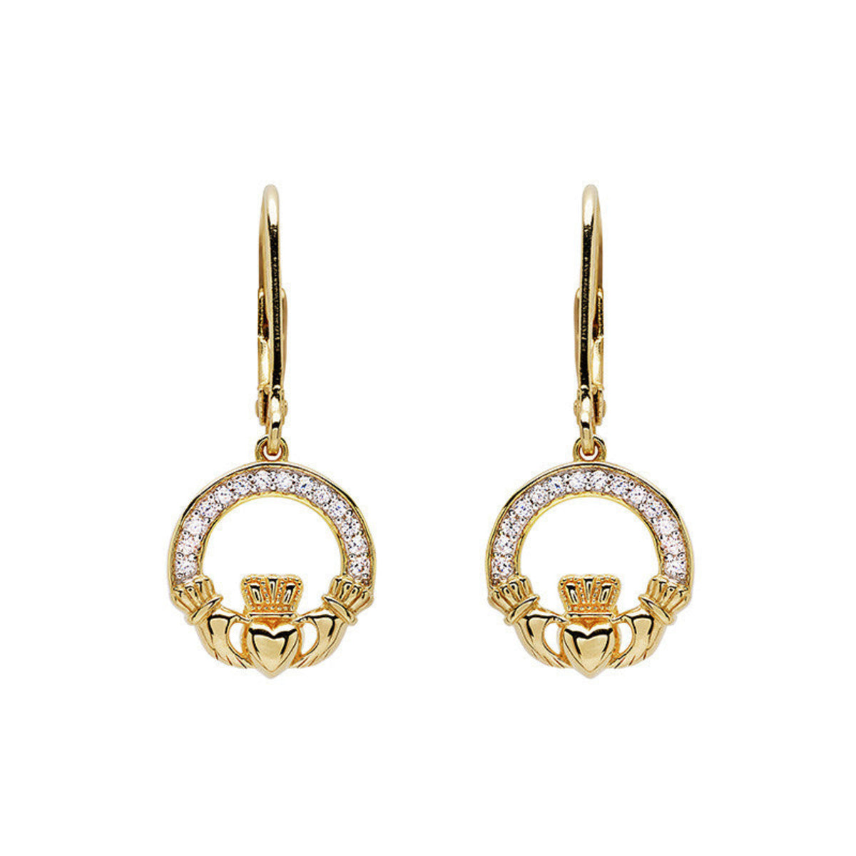 Gold Claddagh earrings with heart design on a white background