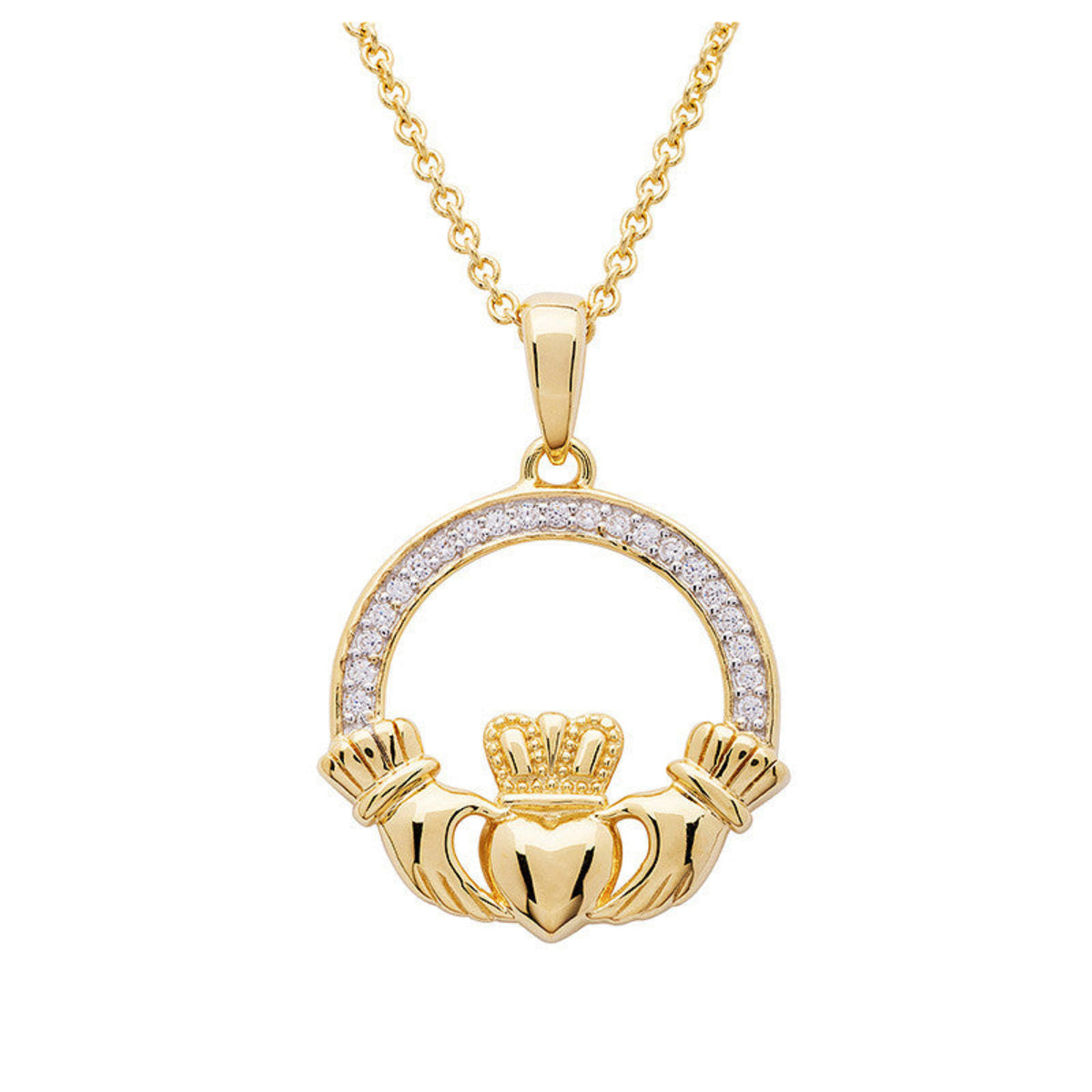 Gold Claddagh pendant necklace on a white background